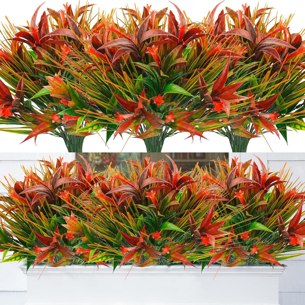 16Pcs Outdoor Artificial Plants UV Resistant, Fake Morning Glory Flowers with Orange Grass, Tropical Flowers Fall Leaves Foliage for Garden Patio Sidewalk Décor Red